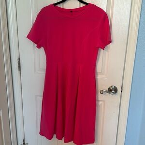 Hot Pink Empire Waist Pleated Pocket Dress.